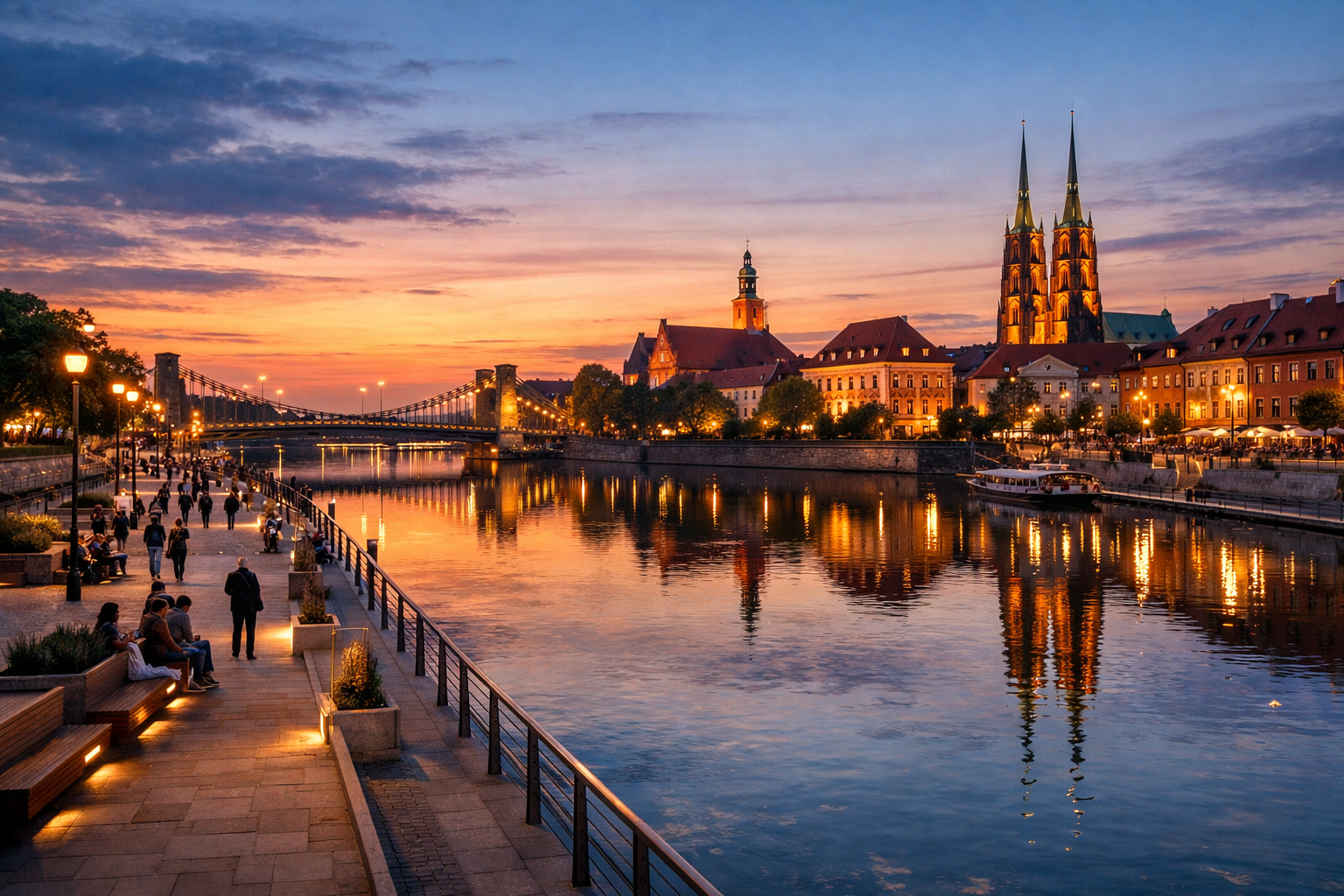 Panorama Wrocławia nad Odrą o zachodzie słońca